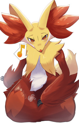 ambiguous_anthro ambiguous_gender anthro biped front_view high-angle_view kneeling looking_at_viewer musical_note musical_symbol patting_lap seiza simple_background sitting snout solo speech_bubble symbol bluefox780 delphox_day nintendo pokemon pokemon-specific_day canid delphox generation_6_pokemon mammal pokemon_(species) 2026 absurd_res digital_drawing_(artwork) digital_media_(artwork) full-length_portrait hi_res japanese_description portrait translated_description