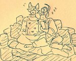 anthro beastars bedding blush bodily_fluids canid canine canis cervine clothing crossed_legs cuddling deer duo head_on_shoulder holding_arm leaning_on_another legoshi_(beastars) louis_(beastars) male male/male mammal pajamas pillow red_deer sleeping sweat wolf wuffinarts