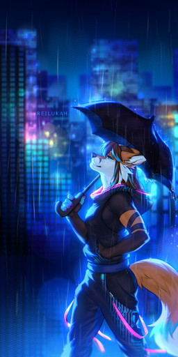 5_fingers anthro black_bottomwear black_clothing black_jacket black_nose black_pants black_topwear black_umbrella blue_bottomwear blue_clothing blue_pants blurred_background bottomwear brown_hair city clothed clothing detailed_background dipstick_tail female fingers fluffy fluffy_tail fully_clothed fur hair hand_in_pocket hoodie jacket markings multicolored_body multicolored_fur night orange_body orange_fur orange_tail outside pants pockets raining rave_pants side_view snout solo standing tail tail_markings topwear two_tone_body two_tone_fur two_tone_tail umbrella white_body white_fur white_tail reilukah canid canine fox mammal 2021 digital_media_(artwork) hi_res portrait shaded three-quarter_portrait