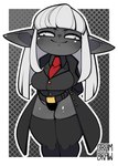 bangs black_clothing black_legwear black_thigh_highs border breasts clothed clothing coat female female_humanoid front_view glistening_thighs grey_body grey_ears grey_face grey_skin hair hands_behind_back humanoid_pointy_ears legwear looking_at_viewer mouth_closed narrowed_eyes necktie not_furry pattern_background pointy_ears red_necktie short_stack simple_background smile smiling_at_viewer thigh_highs topwear uncensored_at_paywall white_border white_eyes white_hair gramdraw goblin humanoid 2024 absurd_res alternate_version_at_paywall artist_name digital_drawing_(artwork) digital_media_(artwork) hi_res portrait three-quarter_portrait