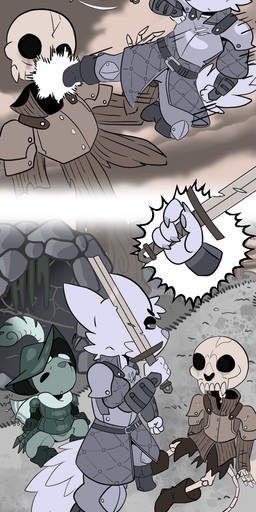 anthro armor bone group knight male melee_weapon motion_lines skeleton sword warrior weapon critters_of_evervail liam_(critters_of_evervail) volf_(critters_of_evervail) canid canine canis coyote eulipotyphlan mammal mole_(animal) absurd_res hi_res long_image tall_image