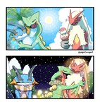 anthro comparison dessert ectotherm food group hug hugging_another ice_cream light male scarf snow summer sun sunlight trio winter veganswampert nintendo pokemon blaziken generation_3_pokemon pokemon_(species) sceptile swampert comic hi_res