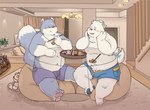 anthro barely_visible_genitalia barely_visible_penis belly blush bottomwear clothing duo eating feet food genitals kemono male male/male moobs nipples overweight overweight_male penis shorts sitting sushi underwear awa_awa lifewonders live_a_hero fan_character yohack canid canine canis domestic_dog mammal 2023