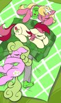 5_toes bedding blanket blonde_mane cuddling cutie_mark detailed_background eyelashes eyes_closed feet female feral fur green_mane green_tail group hooves hugging_leg long_mane long_tail lying male mane multicolored_mane on_back open_mouth open_smile pink_body pink_fur pink_mane pink_tail red_mane red_tail sleeping smile tail tan_body tan_fur text toes two_tone_mane two_tone_tail yellow_tail ather_os friendship_is_magic hasbro my_little_pony anon daisy_(mlp) lily_(mlp) rose_(mlp) earth_pony equid equine horse human mammal pony 2024 digital_drawing_(artwork) digital_media_(artwork) hi_res