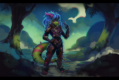 anthro armor black_bars blue_hair cigarette curved_horn facial_horn green_body green_scales hair half-closed_eyes horn machine male markings narrowed_eyes nose_horn power_armor purple_markings scales science_fiction smoking_tobacco solo swamp narico dynoray dinosaur dromaeosaurid prehistoric_species reptile saurischian scalie theropod hi_res letterbox trans_(lore) trans_woman_(lore)