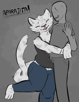 anthro claws duo female finger_claws fur grey_background grey_body grey_fur hug male multicolored_body multicolored_fur open_mouth open_smile simple_background smile two_tone_body two_tone_fur white_body white_fur zzx anon domestic_cat felid feline felis human mammal 2021 digital_media_(artwork)