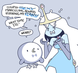 alternate_costume alternate_species alternate_universe ambiguous_gender armwear beak blue_body blue_skin breasts clothing crown dialogue duo elbow_gloves female feral frown gloves grimace hair handwear headgear pseudo_hair sharp_teeth simple_background snow speech_bubble teeth text tiara toony white_hair discount-supervillain adventure_time cartoon_network peppermint_butler princess_bubblegum avian bird human mammal penguin digital_media_(artwork) english_text