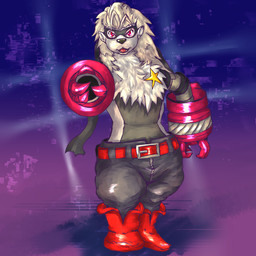 anthro bandit_mask belt bottomwear clothing cybernetic_arm cybernetic_limb female footwear fur grey_body grey_fur grey_hair hair mask mechanical_arm pants red_eyes shoes solo star white_body white_fur zipper nnn8686 bandai_namco digimon digimon_beatbreak digimon_(species) wolvermon 1:1 2026 digital_media_(artwork) hi_res