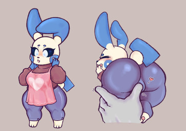ambiguous_gender anthro apron barefoot big_breasts big_butt big_eyes black_body black_nose black_sclera blue_body blue_bottomwear blue_clothing blue_jeans blue_pants blue_pupils blush blush_lines bodily_fluids bottomwear breasts brown_clothing brown_sweater brown_topwear bubble_butt butt clothed clothing denim denim_bottomwear denim_clothing digitigrade disembodied_hand drooling duo extreme_size_difference eyebrows eyelashes eyes_closed feet female female/ambiguous fingering fingering_partner fingernails fingers fully_clothed grey_background grey_body grey_skin hand_on_face happy heart_apron heart_clothing heart_reaction heart_symbol humanoid_hands jeans multicolored_body nails one_ear_up open_mouth open_smile pants pawpads pink_apron pink_clothing pink_pawpads pupils saliva sex shortstack shortstack_female simple_background size_difference smile snout standing sweater tail thick_thighs toes topwear two_tone_body vaginal vaginal_fingering white_eyes wide_hips moogers nintendo pokemon generation_3_pokemon lagomorph mammal minun pokemon_(species) 2023 absurd_res digital_media_(artwork) hi_res multiple_images shaded soft_shading