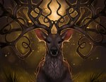 antlers art_nouveau black_eyes brown_body brown_fur feral forest fur grass horn light light_beam looking_at_viewer male peaceful plant plant_antlers scenery solo sunbeam sunlight tree rhyu deer mammal 2012