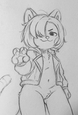 anthro bottomless bottomless_female clothed clothing female genitals gesture hair hair_over_eye jacket looking_at_viewer navel open_clothing open_jacket open_topwear pawpads smile solo standing tail topwear vulva kudo_the_fox vesper_(luteus) domestic_cat felid feline felis mammal absurd_res hi_res monochrome portrait sketch three-quarter_portrait traditional_media_(artwork)