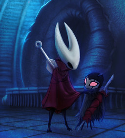 2_horns alternate_universe black_body black_eyes black_feet black_hands black_horn black_legs cloak clothed clothing detailed_background duo facial_markings feet female fingers floor hand_on_shoulder head_markings holding_object holding_weapon horn larger_female looking_at_another markings melee_weapon mouthless nail_(weapon) noseless red_cloak red_clothing red_eyes shadow size_difference smaller_female sword weapon weapon_on_back white_horn risovaka hollow_knight_(franchise) team_cherry grimmchild_(hollow_knight) hornet_(hollow_knight) arthropod 2019 digital_media_(artwork) hi_res