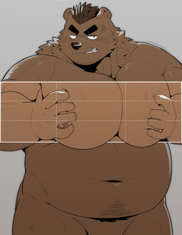 anthro belly big_moobs black_nose brown_body brown_fur brown_hair brown_nipples fangs fur grey_background hair male mohawk monotone_body monotone_fur moobs navel neck_tuft nipples overweight overweight_anthro simple_background solo teeth tuft yuuuki_desu bear mammal 2025 absurd_res half-length_portrait hi_res portrait