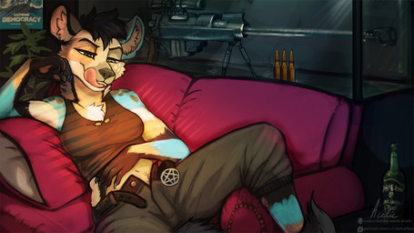 anthro belt black_belt black_clothing black_hair black_nose black_topwear blue_body blue_eyes blue_fur bottomwear cheek_tuft clothed clothing facial_tuft fangs female female_anthro fur furniture grey_bottomwear grey_clothing grey_eyes grey_pants gun hair heterochromia inside licking licking_lips licking_own_lips narrowed_eyes on_sofa open_belt open_bottomwear open_clothing open_pants pants ranged_weapon reclining rifle short_hair sniper_rifle sofa solo tan_body tan_fur teeth tongue tongue_out topwear tuft weapon white_body white_fur acidic hyena mammal 16:9 signature widescreen
