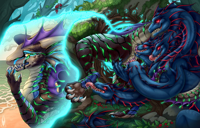 4_fingers 4_toes 5_heads anal animal_genitalia anus beach bioluminescence blue_body blue_membrane blue_scales bodily_fluids brown_body brown_scales cheek_frill claws cunnilingus detailed_background fangs feet female feral fin fingers foot_fetish foot_lick forest forest_background forked_tongue frill_(anatomy) genital_fluids genital_slit genitals glowing glowing_body glowing_eyes green_glow green_stripes head_fin horn licking magic male male/female membrane_(anatomy) multi_head nature nature_background neck_frill non-euclidean_sex open_mouth oral plant portal portal_sex purple_anus purple_vulva quadruped red_body red_eyes red_glow red_stripes rimming saliva saliva_on_anus saliva_on_finger saliva_on_pawpads saliva_on_tongue saliva_on_vulva scales seaside sex spines stripes stuck tail teeth thinking_with_portals toes tongue tongue_out tree vaginal vulva wet yellow_eyes firael european_mythology greek_mythology mythology siatrax voxatal dragon hydra mythological_creature mythological_scalie scalie absurd_res hi_res