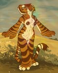 anthro armpit_tuft belly_tuft breasts clitoral_hood clitoris dark_nipples female field freckled_breasts freckles genitals grass happy looking_up paws plant sky smile solo standing tuft lanolin04 dreamworks kung_fu_panda master_tigress felid mammal pantherine tiger hi_res