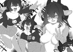 4_horns anthro black_hair bottomwear breasts clothed clothing devil_horns_(gesture) eyes_closed featureless_breasts female gesture hair hand_gesture horn jacket multi_horn multiple_poses neck_tuft nude open_mouth pose shirt skirt smile solo tongue tongue_out topwear tuft v_sign niniidawns dakota_(kaggy1) bovid caprine mammal sheep digital_media_(artwork) hi_res monochrome shaded