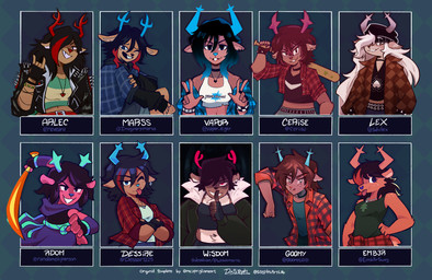 alternative_fashion anthro antlers beanie black_hair blue_antlers bottomwear bra buckteeth clothed clothed_female clothing crop_top crossed_arms emo fan_designs female fingerless_gloves flannel flannel_shirt freckled_face freckles fully_clothed fully_clothed_female gloves group hair hair_over_eye handwear hat headgear headwear highlights_(coloring) holding_melee_weapon holding_object holding_sword holding_weapon hoodie horn jacket leather leather_clothing leather_jacket leather_topwear long_hair melee_weapon midriff pants punk red_antlers red_clothing red_nose red_shirt red_topwear shirt spiked_jacket sports_bra sword teeth text tied_shirt tomboy topwear underwear weapon white_hair stephsartlab deltarune undertale_(series) dess_holiday deer mammal new_world_deer reindeer english_text hi_res