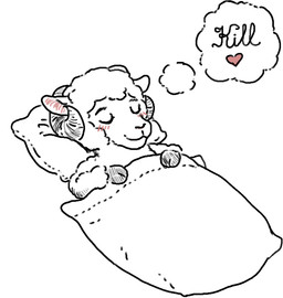 anthro duvet ears_up eyes_closed fur heart_symbol horn lying lying_on_ground male on_ground pillow sleeping solo text thought_bubble wool_(fur) reynard_goodfellow reynard_the_baa bovid caprine mammal sheep