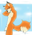 abs anthro balls blue_eyes flaccid fur genitals looking_at_viewer male orange_body orange_fur penis smile smirk solo stretching hazelkisses doow canid canine fox mammal