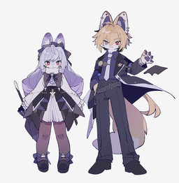 alternate_species anthro clothed clothing duo ear_piercing female furrification kemono male piercing simple_background white_background omumorning mihoyo zenless_zone_zero hugo_vlad vivian_banshee canid canine canis lagomorph leporid mammal rabbit thiren vampire wolf hi_res