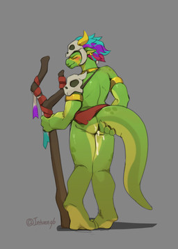 after_sex anthro blush blush_lines bodily_fluids bone bone_mask butt cum femboy genital_fluids green_body leaking_cum male mask nude rear_view skull skull_mask solo staff standing tail intven96 terraria shimmered_witch_doctor witch_doctor_(terraria) lihzahrd lizard reptile scalie absurd_res hi_res