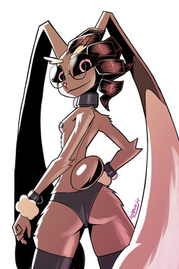 anthro big_butt black_clothing black_collar black_legwear black_panties black_sclera black_stockings black_underwear bracelet breasts brown_body brown_fur brown_hair butt clothed clothed_anthro clothed_female clothing collar cuffs_(clothing) curly_hair eyeliner eyewear female female_anthro fluffy fur glasses hair jewelry legwear light long_ears looking_at_viewer makeup monotone_body monotone_fur nipple_tape panties pasties pink_pupils pupils rear_view round_glasses scut_tail shadow short_tail sidecut simple_background small_breasts solo standing stockings tail tape thick_thighs underwear wearing_glasses white_background wide_hipped_anthro wide_hipped_female wide_hips gatonejo nintendo pokemon veronika_(gatonejo) generation_4_pokemon lopunny pokemon_(species) 2026 2:3 digital_drawing_(artwork) digital_media_(artwork) hi_res signature