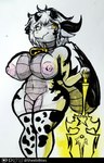 absurd_res anthro areola bell bell_collar big_areola big_breasts big_nipples breasts clothing collar cow_print_thighhighs cowbell dragon female grey_body grey_scales hi_res horn legwear mythological_creature mythological_scalie mythology nipples non-mammal_breasts non-mammal_nipples scales scalie sheebibites solo stockings tail thick_thighs white_body white_scales wingless_dragon
