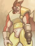 anthro arm_cannon armor brown_body brown_fur cannon clothing fluffy fluffy_tail fur gloves handwear male muscular muscular_male orange_body orange_fur pose ranged_weapon simple_background smug smug_face solo tail underwear weapon white_body white_fur jojobiz canid canine canis fox mammal 2021 3:4 digital_media_(artwork) hi_res shaded