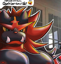 angry anthro breasts light male moobs sunlight vannillama nintendo pokemon generation_7_pokemon incineroar pokemon_(species) hi_res meme