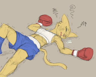 anthro boxing boxing_gloves boxing_shorts bra bruised clothing defeat defeated female handwear mouthguard solo sport sports_bra unconscious underwear chamma_retsuden microsoft prequel_adventure the_elder_scrolls katia_managan felid khajiit mammal hi_res