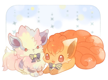 3_toes abstract_background alternate_color ambiguous_gender arm_tuft blue_body blue_fur bow_tie brown_eyes brown_markings chibi curled_tail duo facial_tuft feet feral fluffy fluffy_tail fur gloves_(marking) grey_body grey_bow_tie grey_fur grey_markings grey_ribbon grey_stripes hair head_tuft leg_tuft lying markings multi_tail multicolored_body multicolored_bow_tie multicolored_fur neck_tuft on_front open_mouth open_smile orange_body orange_fur orange_hair orange_tail paws quadruped red_eyes ribbons sitting smile sparkles star star_accessory stripes tail toes tuft two_tone_bow_tie two_tone_ribbon white_body white_fur white_markings white_tail yellow_bow_tie yellow_ribbon michi_runi nintendo pokemon arcanine canid canine generation_1_pokemon mammal pokemon_(species) vulpix digital_media_(artwork) unavailable_at_source