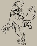 anthro barefoot belly butt clothing feathers feet furgonomics hand_on_belly inviting jumpsuit kerchief looking_at_viewer male naughty_face on_one_leg open_mouth presenting seductive simple_background smile solo standing tail tail_feathers thick_thighs tongue walking flookz nintendo star_fox falco_lombardi avian bird 2018 digital_drawing_(artwork) digital_media_(artwork) monochrome sketch