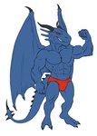 2_horns 2_toes 4_fingers anthro barefoot belly big_biceps big_muscles big_pecs biped black_claws black_horn black_spikes blue_arms blue_belly blue_body blue_butt blue_chest blue_claws blue_face blue_feet blue_fingers blue_frill blue_hands blue_legs blue_membrane blue_neck blue_scales blue_tail blue_toes blue_wings bulge butt claws clothed clothed_anthro clothed_male clothing feet fingers fist flexing flexing_bicep flirting flirting_with_viewer frill_(anatomy) front_view gold_(metal) gold_jewelry gold_ring happy head_horn horn horn_jewelry horn_ring huge_muscles huge_pecs humanoid_hands jewelry looking_aside male male_anthro manly membrane_(anatomy) muscular muscular_anthro muscular_male muscular_thighs navel no_sclera obliques open_mouth open_smile pecs pose red_clothing red_eyes red_speedo red_swimwear ring_(jewelry) scales serratus sharp_teeth simple_background smile smiling_at_viewer solo speedo speedo_only spiked_tail spikes spikes_(anatomy) standing swimwear tail teeth toes topless topless_anthro topless_male triceps white_background wing_claws wings bristol mythology blue_dragon_(character) dragon mythological_creature mythological_scalie scalie 2017 colored digital_drawing_(artwork) digital_media_(artwork) flat_colors full-length_portrait portrait