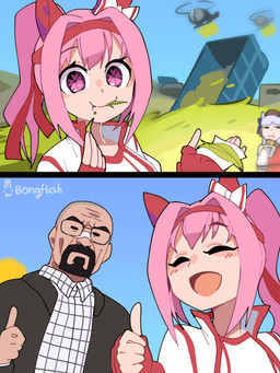 accessory aircraft bald beard clothed clothing duo_focus ear_bow eating eyes_closed facial_hair female gesture grass group hair hand_gesture headband helicopter male open_mouth open_smile pink_hair plant red_headband smile thumbs_up trio vehicle bongftah breaking_bad cygames uma_musume_pretty_derby gold_ship_(pretty_derby) haru_urara_(pretty_derby) walter_white animal_humanoid equid equid_humanoid equine equine_humanoid horse_humanoid human humanoid mammal mammal_humanoid 2koma 3:4 absurd_res comic crossover hi_res signature