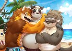 abs anthro arm_around_shoulders beach belly blush bottomwear clothing group hair hug long_hair male male/male musclegut muscular navel one_eye_closed outside overweight overweight_male palm_tree pecs plant ponytail scar seaside shorts swimwear tree trio wink chuurow lifewonders live_a_hero tokyo_afterschool_summoners barrel_(live_a_hero) shino_(tas) bear canid canine canis domestic_dog giant_panda mammal wolf hi_res