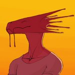 anthro barbel_(anatomy) clothed clothing eyes_closed flesh_whiskers male red_body simple_background solo yellow_background bullchicken liz_(nsfw) mythology dragon mythological_creature mythological_scalie scalie 1:1 bust_portrait hi_res portrait