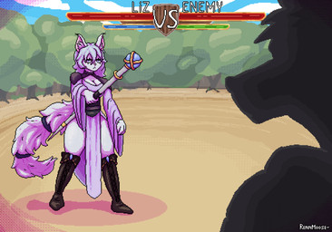 anthro battle bodily_fluids boots breasts cleavage clothed clothed_female clothing cum cum_covered cum_drip cum_from_vagina cum_in_vagina cum_inside dripping duel duo female fighting_pose footwear fur gameplay_mechanics genital_fluids genitals gui hair health_bar leaking_cum magic_user male male/female mana_bar messy nude nude_female pink_nose pose shoes tail vulva white_body white_fur white_hair rennmoose felid mammal animated digital_media_(artwork) loop pixel_(artwork) pixel_animation