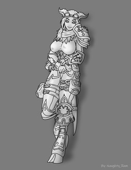 anthro armor big_breasts breasts clothing female horn leaning tail naughty_ram blizzard_entertainment warcraft draenei horned_humanoid humanoid tailed_humanoid absurd_res hi_res monochrome shaded