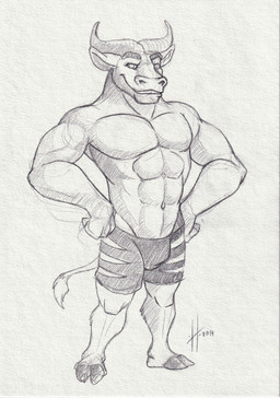 abs anthro bulge clothed clothing front_view hand_on_hip hooves horn looking_at_viewer male male_anthro muscular muscular_anthro muscular_male navel pecs smile solo standing tail tail_tuft topless tuft hufnaar bovid bovine cattle mammal 2017 absurd_res dated full-length_portrait hi_res monochrome portrait