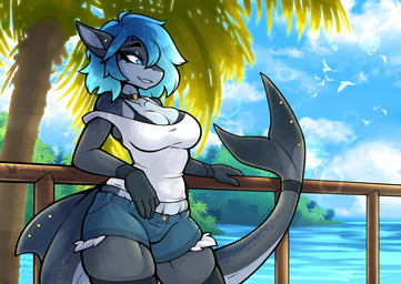 anthro beach black_bra black_clothing black_underwear blue_bottomwear blue_clothing blue_eyes blue_hair blue_shorts blue_sky bottomwear bra breasts choker cleavage clothed clothed_anthro clothed_female clothing cloud denim denim_bottomwear denim_clothing denim_shorts ear_piercing eyebrows eyelashes female female_anthro fingers furgonomic_piercing furgonomics hair jewelry legwear necklace non-mammal_breasts off_shoulder palm_tree piercing plant shirt short_hair shorts sky smile solo tail tail_piercing tank_top thigh_highs topwear tree underwear white_clothing white_shirt white_tank_top white_topwear ambris erika_(ambris) aquatic fish shark 2025 hi_res