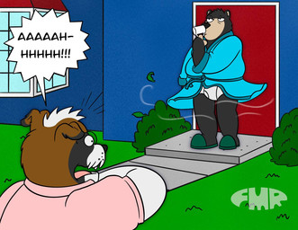 allcaps anthro bathrobe bathrobe_lift beverage black_text blue_bathrobe blue_clothing blue_robe blue_walls briefs brown_body brown_fur building clogs clothed clothing clothing_lift coffee coffee_cup container cup drinking_coffee duo eyewear footwear fur glasses green_clogs green_grass green_shrub half-closed_eyes house leaf male markings motion_lines narrowed_eyes open_mouth outside pantsless pantsless_male pink_clothing pink_shirt pink_topwear robe shirt shocked sidewalk speech_bubble spots spotted_markings teeth_showing text tighty_whities tired tongue_showing topwear underwear white_briefs white_clothing white_underwear wind_lift foxmanad dom_(foxmanad) ned_flanders bear black_bear canid canine canis domestic_dog mammal molosser mountain_dog saint_bernard ursine english_text