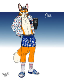 anthro bottomwear boxers_(clothing) brown_hair bulge clothing container cup ears_up eyes_closed footwear fox_tail fur hair jacket jewelry male muscular muscular_anthro muscular_male navel navel_piercing necklace nipple_piercing nipples orange_body orange_fur pants piercing sandals shoes shorts slippers socks socks_with_sandals solo tail teeth tongue tongue_out topwear underwear white_body white_fur bartek22 aldi_(supermarket) chris_the_fox_(bartek22) canid canine fox mammal hi_res