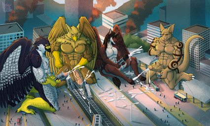 abs animal_genitalia anthro arm_tattoo balls beak biceps biped bodily_fluids brown_body brown_fur building building_destruction city city_background city_crushing city_destruction cityscape claws crush cum cumshot destruction ejaculation equine_genitalia erection extreme_size_difference feathered_wings feathers feet finger_claws fingers fur genital_fluids genitals group horn house macro macro_anthro macro_male male masturbation muscular muscular_anthro muscular_male nude outside paws pecs penetrable_sex_toy penetration penile penile_masturbation penis railway_track rampage sex_toy size_difference smile station tail tattoo toe_claws toes train vehicle vehicle_destruction vehicle_penetrated vein veiny_penis white_body wings daru_brek mythology carpo corvidius_(character) fledge_(railjunkey) tephros avian bird dragon equid equine falcon falconid gryphon mammal mythological_avian mythological_creature mythological_equine mythological_scalie scalie winged_unicorn hi_res