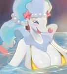 anthro areola areola_slip big_breasts bikini blue_hair breasts caustics clothing eyelashes eyeshadow female gem glistening glistening_body gold_bikini hair lips makeup mascara partially_submerged partially_submerged_breasts pearl_(gem) solo starfish_(accessory) swimwear tongue tongue_out two-piece_swimsuit bakazwei golden_week nintendo pokemon asterozoan echinoderm generation_7_pokemon mammal marine pinniped pokemon_(species) primarina starfish detailed digital_drawing_(artwork) digital_media_(artwork) hi_res