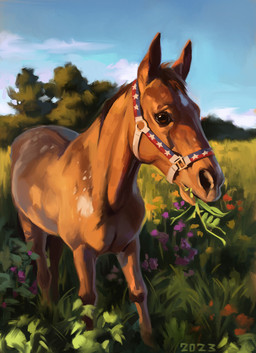 ambiguous_feral ambiguous_gender blue_sky bridle brown_body brown_eyes brown_fur brown_hair cloud eating eating_plant feral flower fur grass hair markings plant quadruped sky solo tree walking white_markings alexpahomov appaloosa equid equine horse mammal 2023