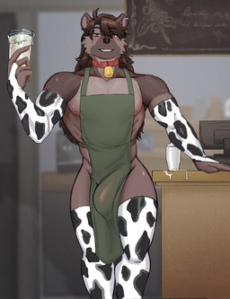 animal_print animal_print_thigh_highs anthro apron apron_only armwear biceps big_bulge blush bodily_fluids brown_body brown_fur brown_hair brown_nose bulge cafe cash_register cheek_tuft clothing cocktail_shaker collar computer container cow_print cow_print_armwear cow_print_elbow_gloves cow_print_thigh_highs cowbell cum cum_in_a_cup cum_in_container cum_on_table cup ear_piercing ear_ring elbow_gloves electronics eyebrow_through_hair eyebrows eyelashes eyelashes_through_hair facial_tuft fur genital_fluids gloves green_apron green_clothing green_eyes hair handwear holding_container holding_cup holding_object inner_ear_fluff legwear long_hair male mostly_nude mostly_nude_anthro mostly_nude_male muscular muscular_male nipple_piercing nipples pattern_clothing pattern_legwear pattern_thigh_highs pecs piercing red_collar ring_piercing smile solo sweat thigh_highs translucent translucent_hair tuft undercovernezha nezha_(undercovernezha) brown_hyena hyena mammal 2026 digital_drawing_(artwork) digital_media_(artwork) hi_res
