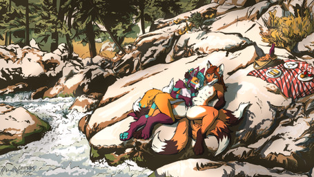 anthro basket bedding blanket clitoral clitoral_rubbing container detailed_background duo female female/female forest fur hand_on_head licking looking_at_another looking_pleasured multi_tail multiple_piercings nature nature_background nipple_fetish nipple_lick nipple_play nipples orange_body orange_fur picnic picnic_basket picnic_blanket piercing plant public public_sex river rock rubbing_vulva sex sunbathing tail tongue tree sydney_onmars sydney_(sydney_onmars) canid canine domestic_cat felid feline felis fox fox_spirit hybrid mammal absurd_res hi_res
