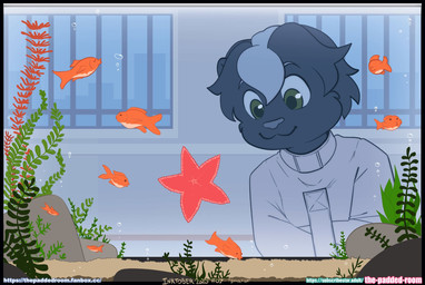 anthro aquarium asylum barred_window happy male restraints smile solo straitjacket vivarium the_padded_room theodore_reed aquatic asterozoan cyprinid cypriniform echinoderm fish goldfish starfish 2026 digital_media_(artwork) hi_res