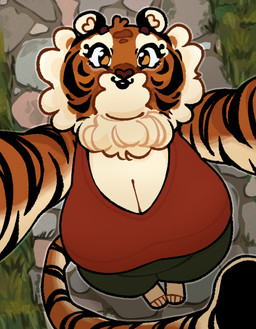 anthro big_breasts black_ears bottomwear breasts brown_eyebrows camera circle_eyebrows cleavage clothed clothed_anthro clothed_female clothing eyebrows eyewear facial_markings feet female fur grass green_bottomwear green_clothing head_markings holding_camera holding_object inner_ear_fluff looking_at_viewer markings neck_tuft open_mouth open_smile orange_eyes path plant red_clothing red_topwear rock selfie shadow small_ears smile solo stone_path striped_body striped_face striped_fur striped_markings striped_tail stripes tail tail_markings tail_wrapped_around topwear tuft white_body white_breasts white_fur white_inner_ear white_inner_ear_fluff white_tuft highlandkall naomi_(highlandkall) felid mammal pantherine tiger 2024 colored digital_drawing_(artwork) digital_media_(artwork) hi_res